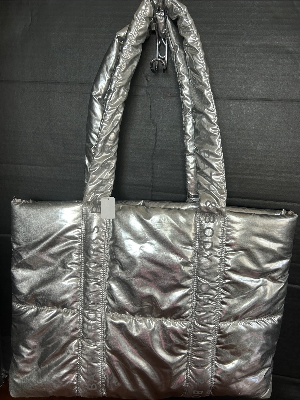 Bath & Body Works Metallic Silver Puffy Tote Bag